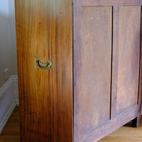 side panel and brass drop handle - Late Georgian Anglo-Chinese Padauk Chest of Drawers with Mitred Face Frame and Original Brass Side Carrying Handles