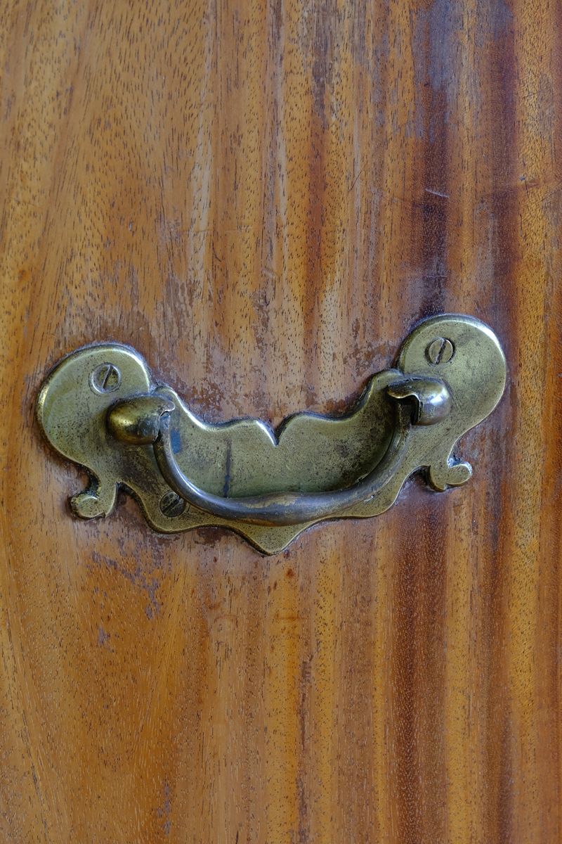 Late Georgian Anglo-Chinese Padauk Close up of the original brass drop handle - Chest of Drawers with Mitred Face Frame and Original Brass Side Carrying Handles