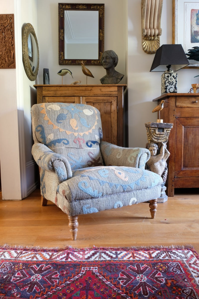 Howard & Son Style Armchair With A Suzani Kilim Fabric