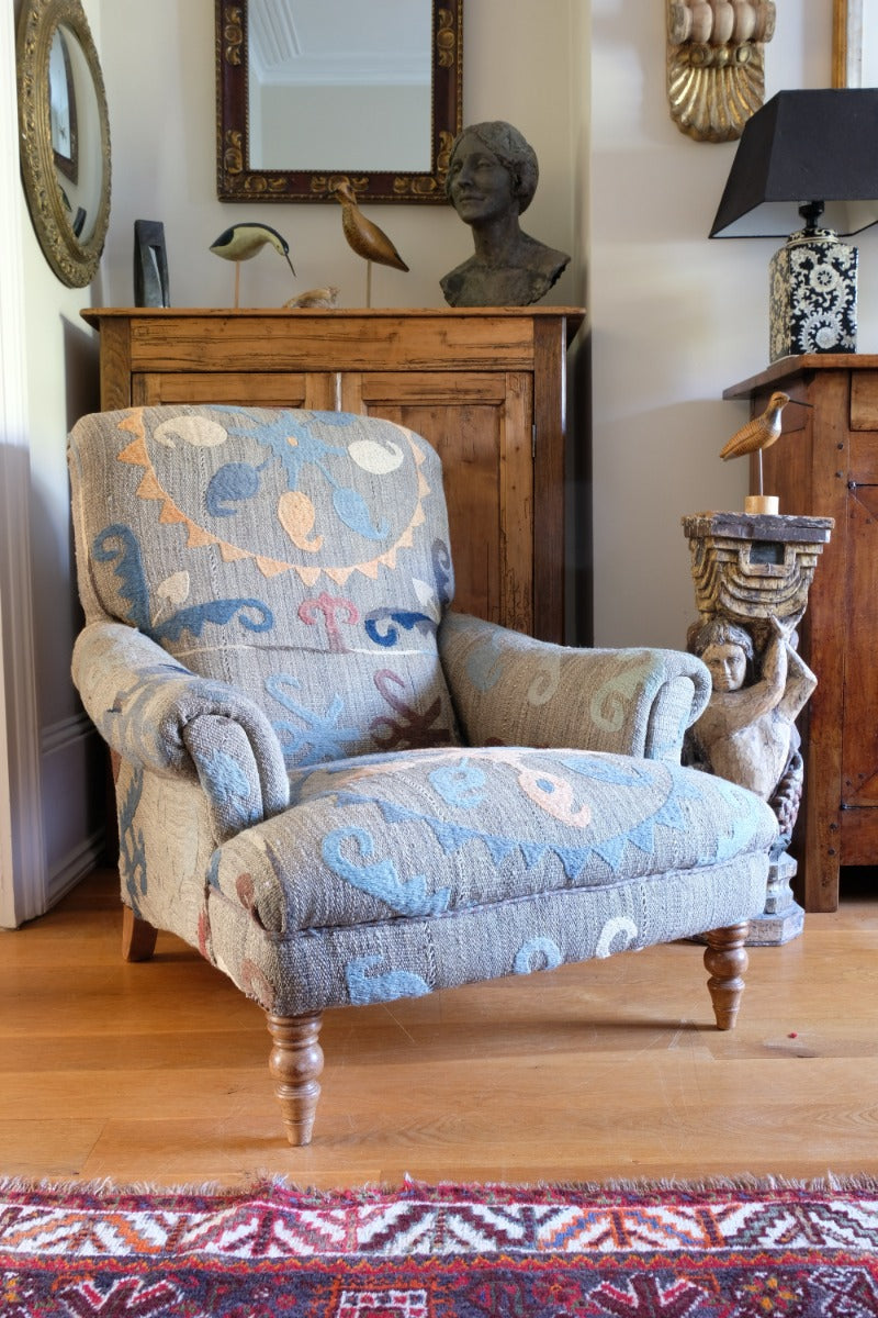 Howard & Son Style Armchair With A Suzani Kilim Fabric