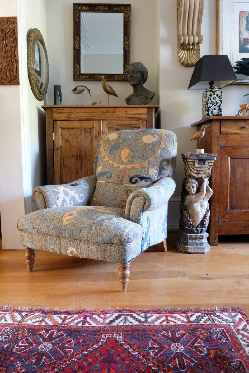 Howard & Son Style Armchair With A Suzani Kilim Fabric