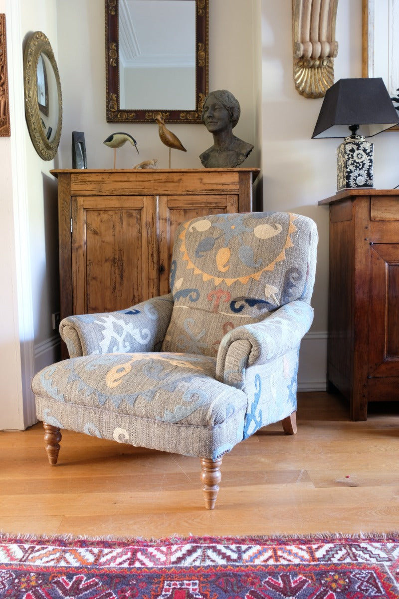 Howard & Son Style Armchair With A Suzani Kilim Fabric