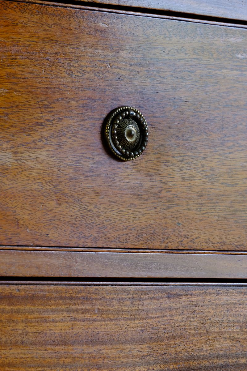 Late Georgian Anglo-Chinese Padauk Chest of Drawers with Mitred Face Frame and Original Brass Side Carrying Handles