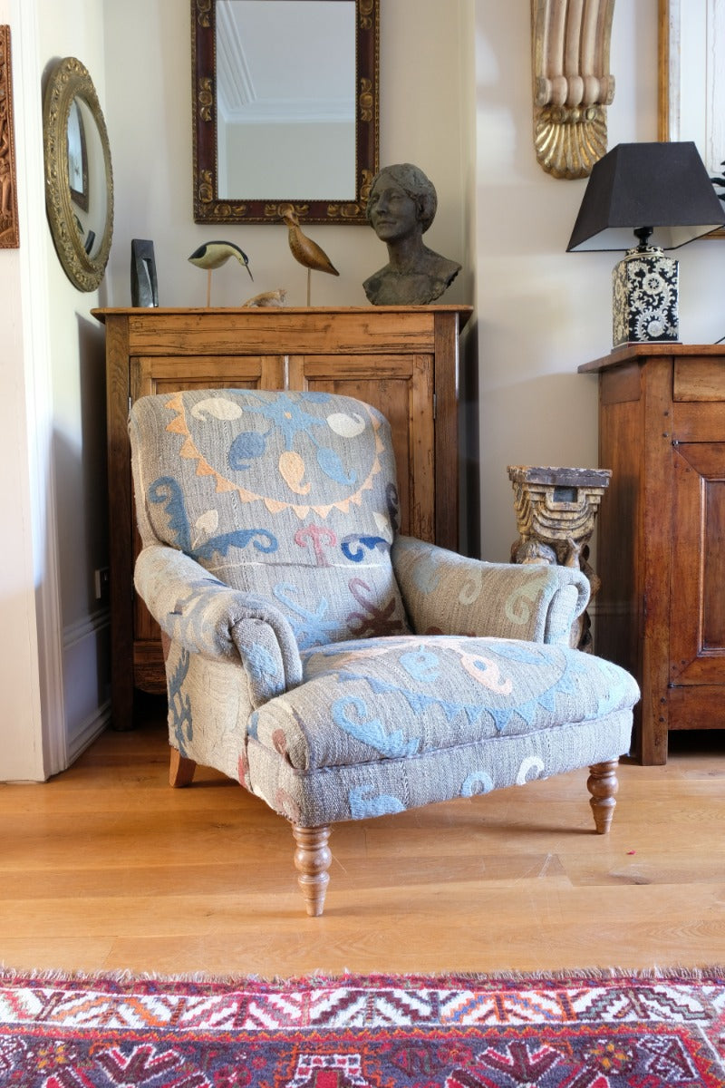 Howard & Son Style Armchair With A Suzani Kilim Fabric