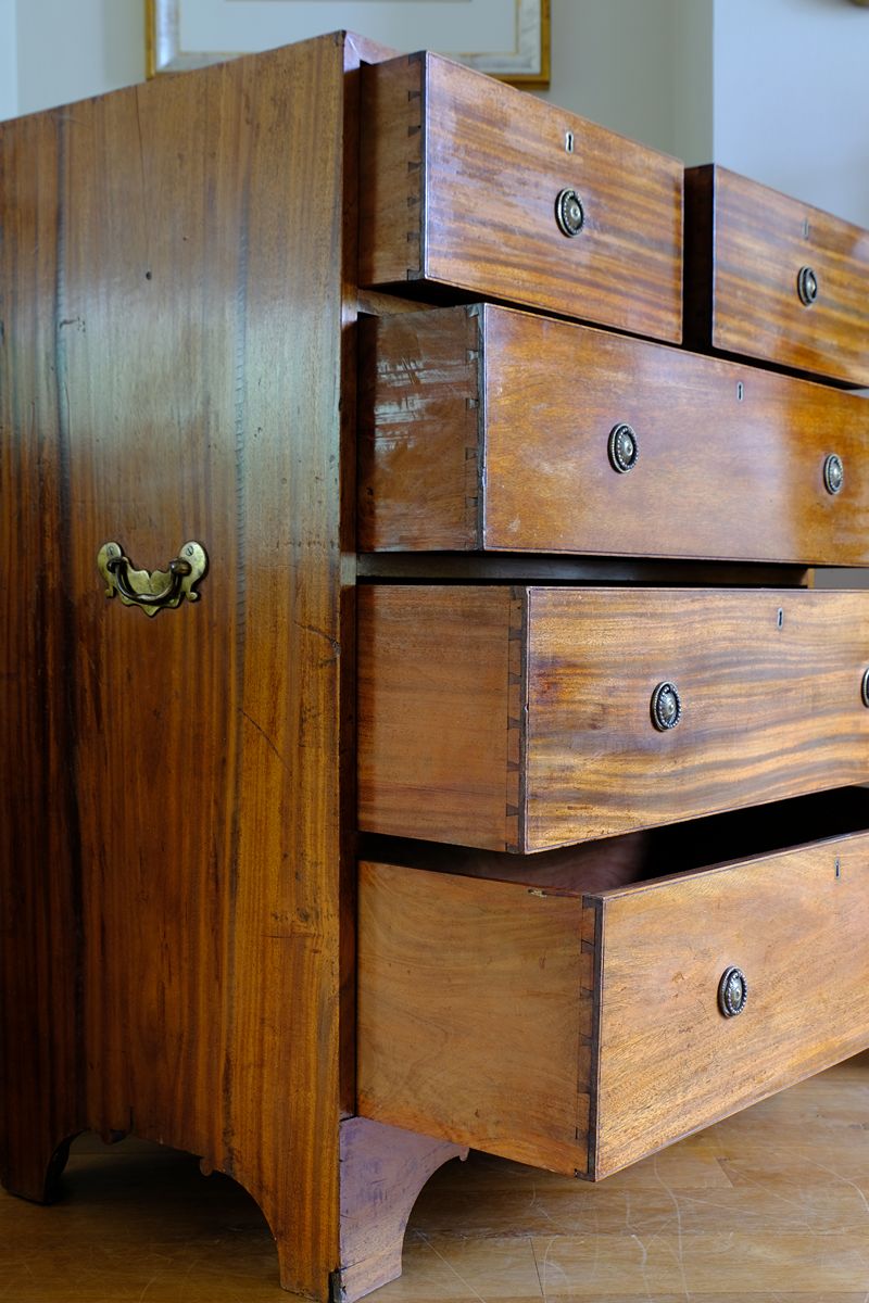 Late Georgian Anglo-Chinese Padauk Chest of Drawers with Mitred Face Frame and Original Brass Side Carrying Handles