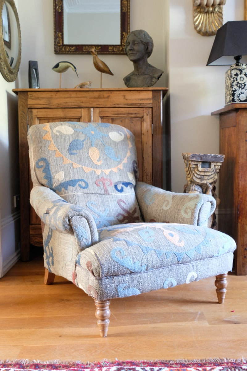 Howard & Son Style Armchair With A Suzani Kilim Fabric