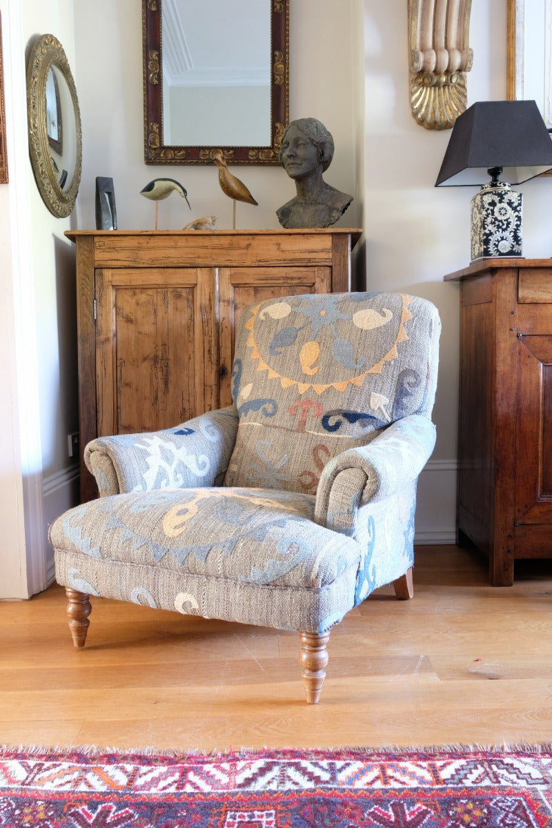 Howard & Son Style Armchair With A Suzani Kilim Fabric