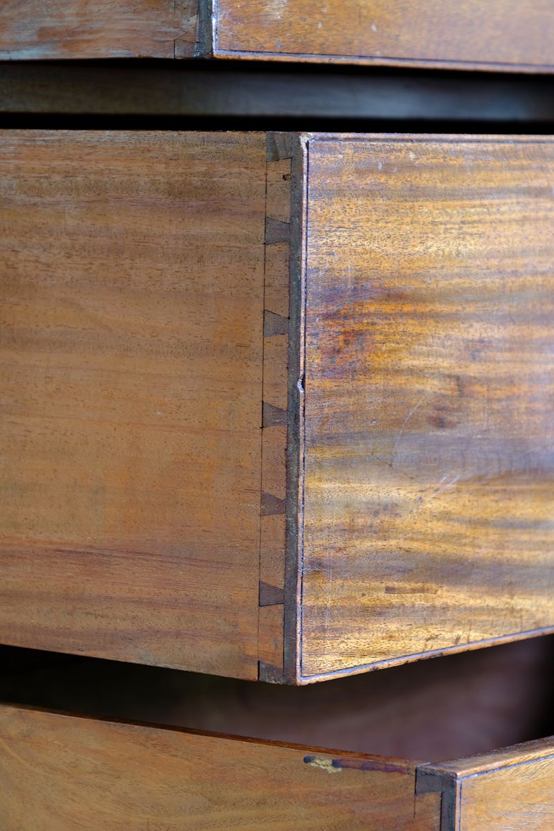 dovetail joints on a Late Georgian Anglo-Chinese Padauk Chest of Drawers with Mitred Face Frame and Original Brass Side Carrying Handles