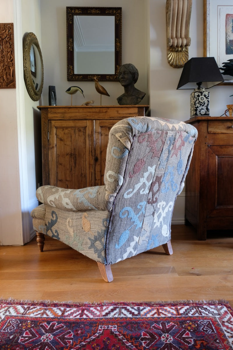 Howard & Son Style Armchair With A Suzani Kilim Fabric