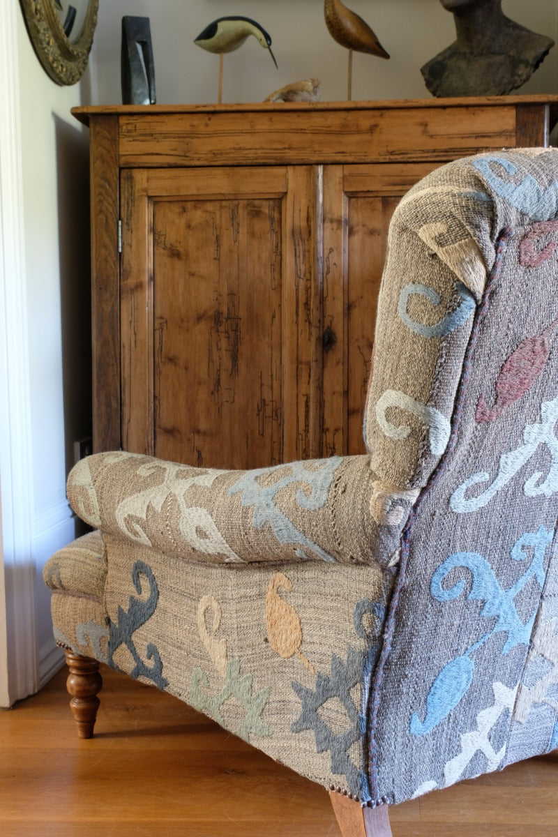 Howard & Son Style Armchair With A Suzani Kilim Fabric