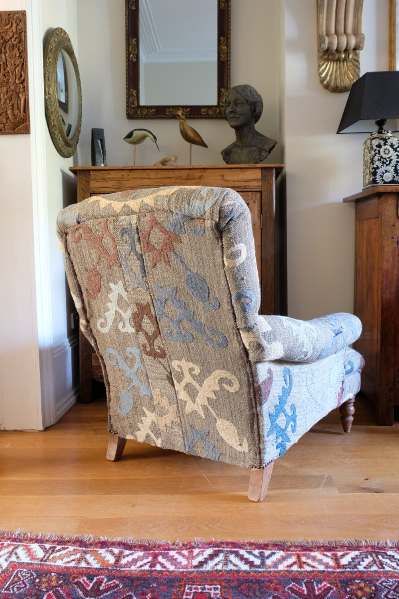 Howard & Son Style Armchair With A Suzani Kilim Fabric