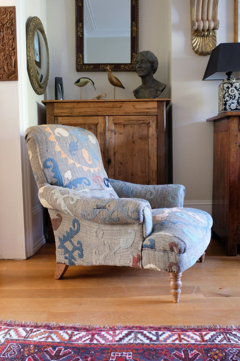 Howard & Son Style Armchair With A Suzani Kilim Fabric