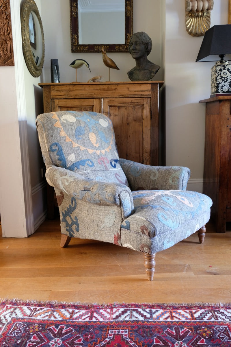 Howard & Son Style Armchair With A Suzani Kilim Fabric