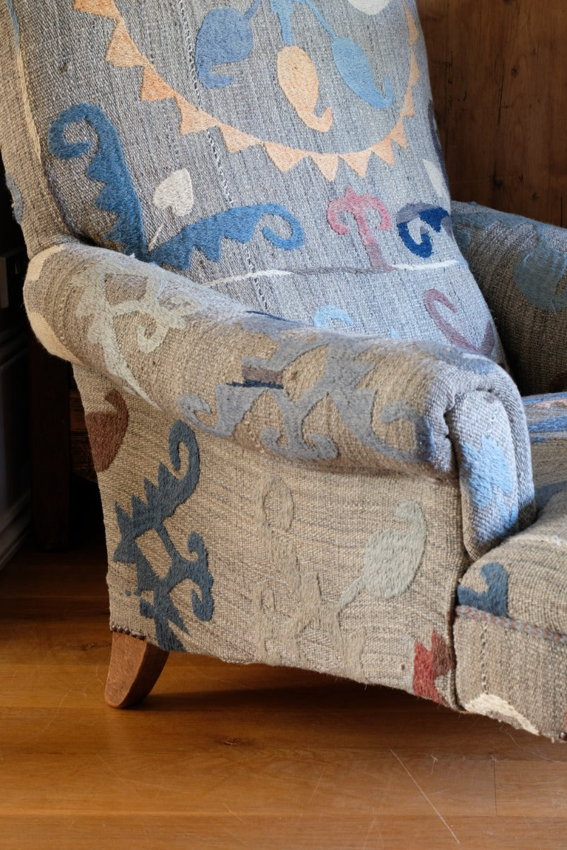 Howard & Son Style Armchair With A Suzani Kilim Fabric