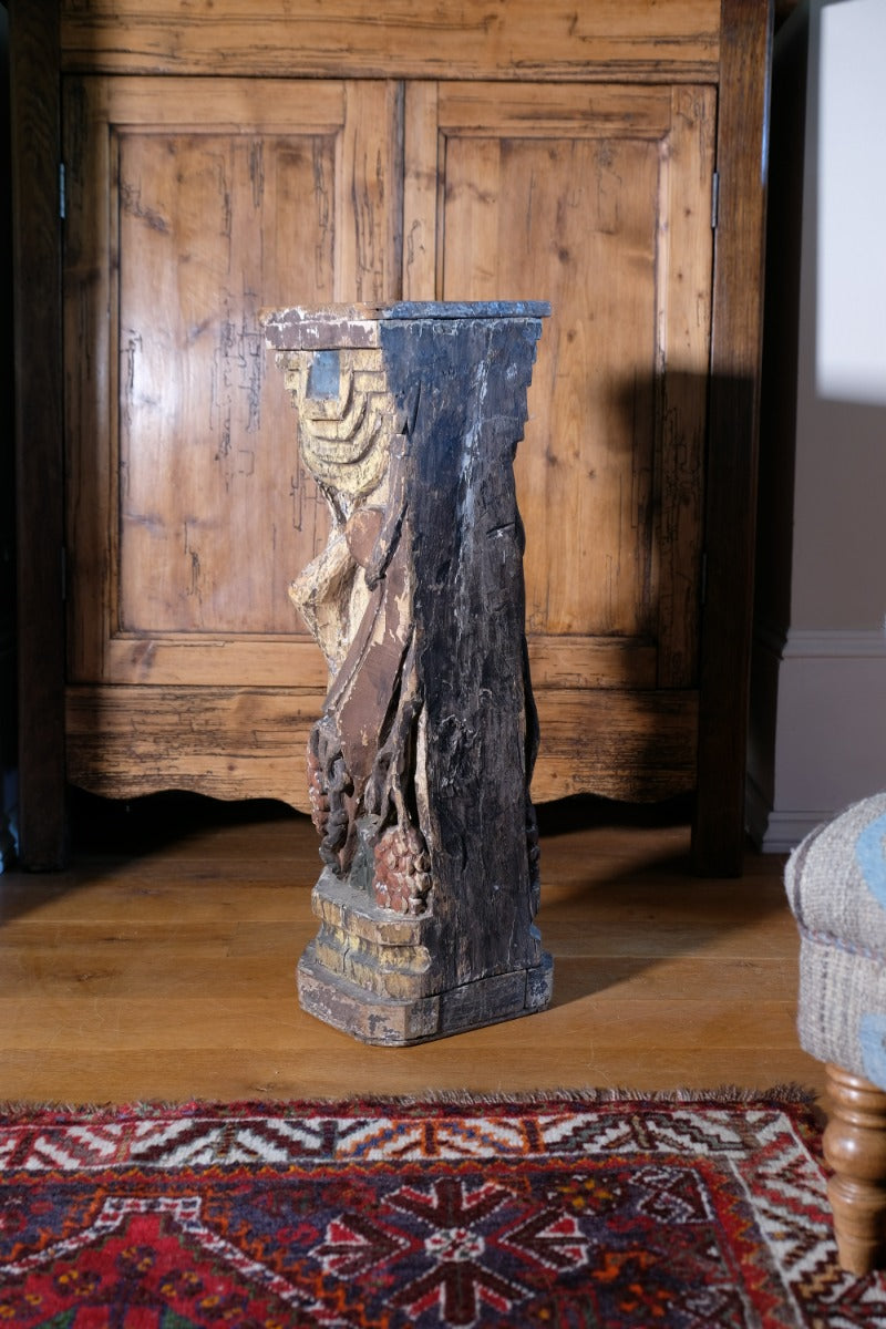 Carved Polychrome Pedestal Sculpture Of A Putto