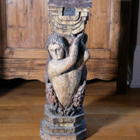 Carved Polychrome Pedestal Sculpture Of A Putto