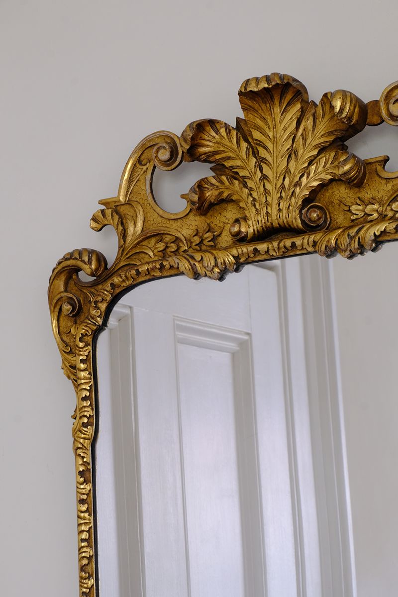 Edwardian Queen Anne Revival carved giltwood wall mirror with Prince of Wales feather crest, c.1900-