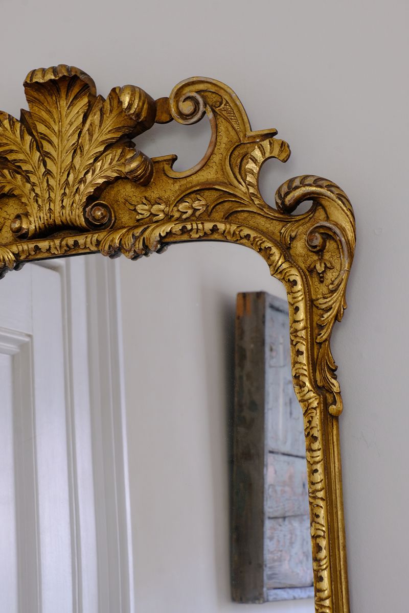 Close up of the the crest on an Edwardian Queen Anne Revival carved giltwood wall mirror with Prince of Wales feather crest, c.1900-  