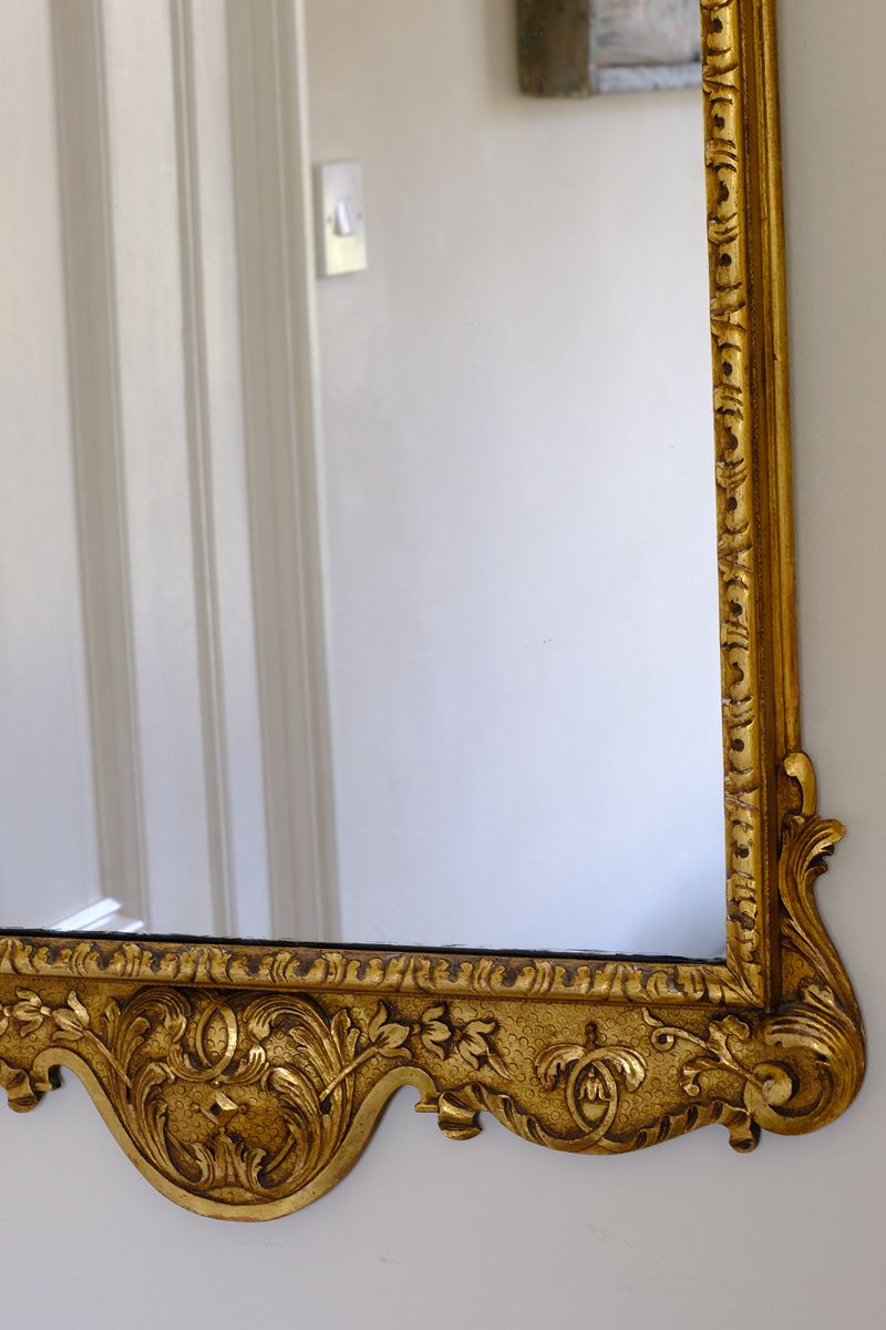 Edwardian Queen Anne Revival carved giltwood wall mirror with Prince of Wales feather crest, c.1900-  