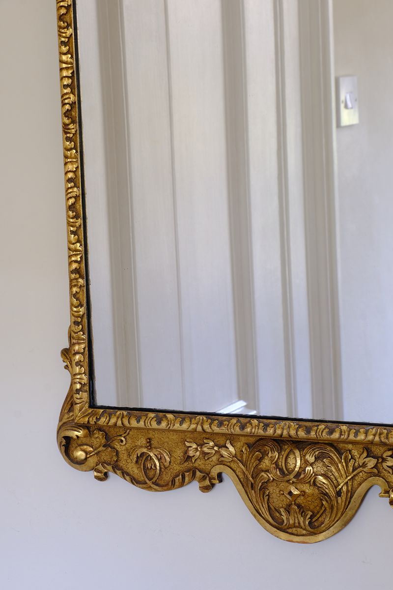 Edwardian Queen Anne Revival carved giltwood wall mirror with Prince of Wales feather crest, c.1900-  