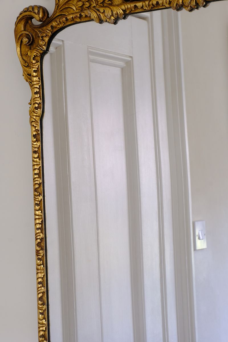 Edwardian Queen Anne Revival carved giltwood wall mirror with Prince of Wales feather crest, c.1900-  