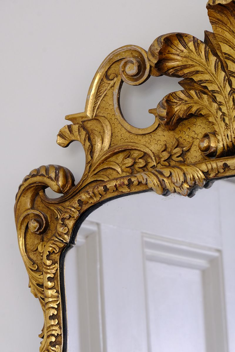 Edwardian Queen Anne Revival carved giltwood wall mirror with Prince of Wales feather crest, c.1900