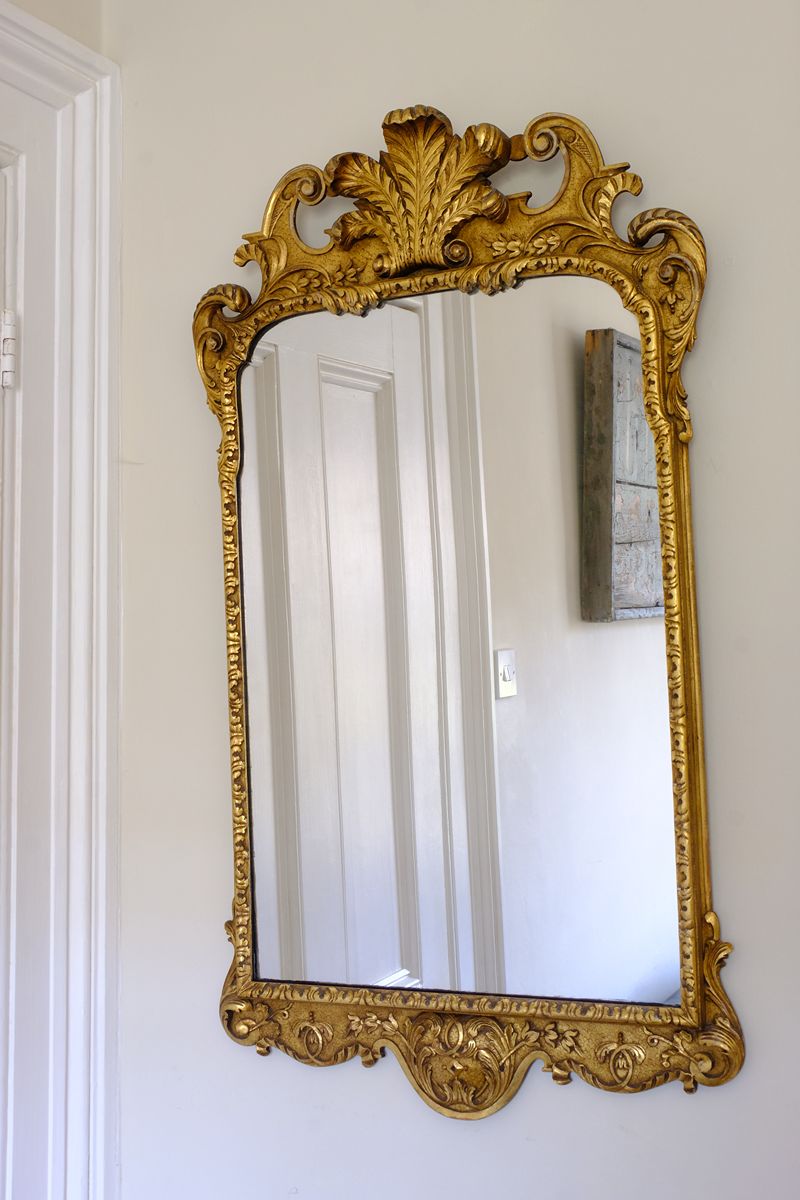 Edwardian Queen Anne Revival carved giltwood wall mirror with Prince of Wales feather crest, c.1900