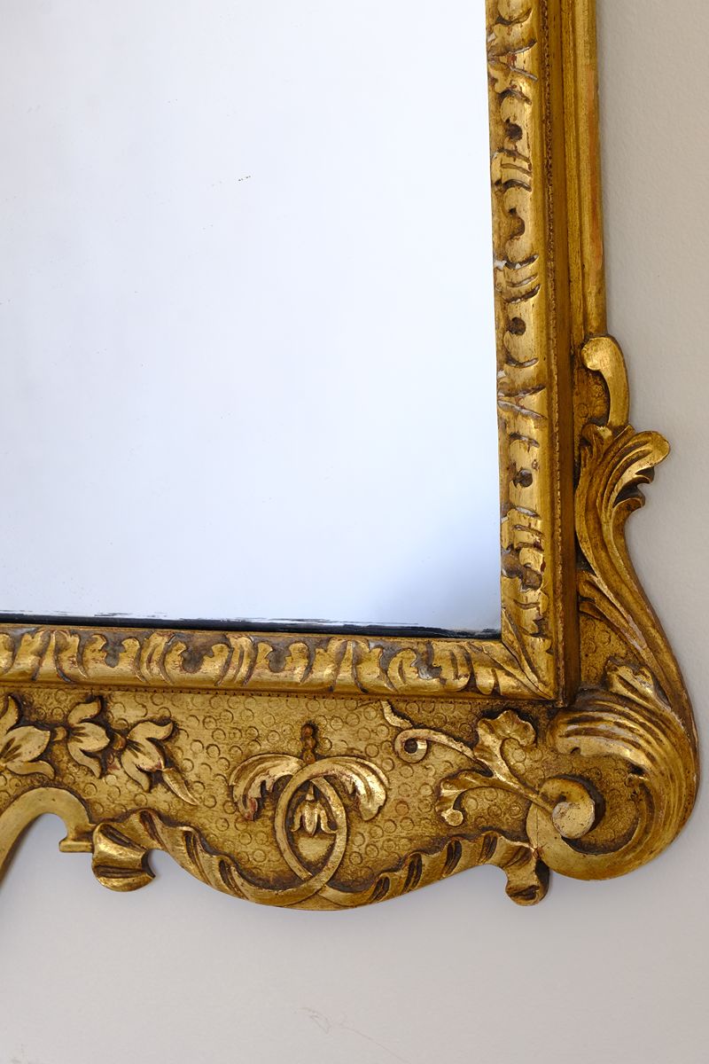 Edwardian Queen Anne Revival carved giltwood wall mirror with Prince of Wales feather crest, c.1900