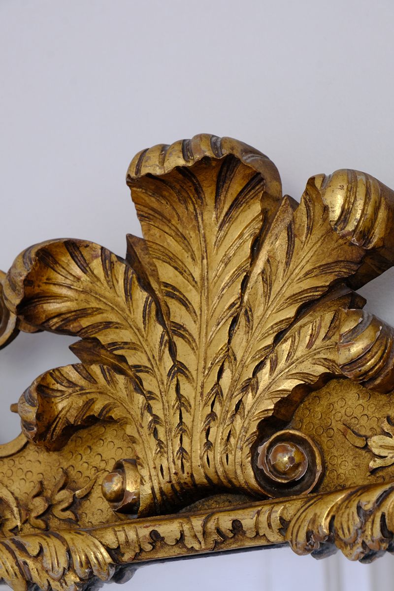 Edwardian Queen Anne Revival carved giltwood wall mirror with Prince of Wales feather crest, c.1900