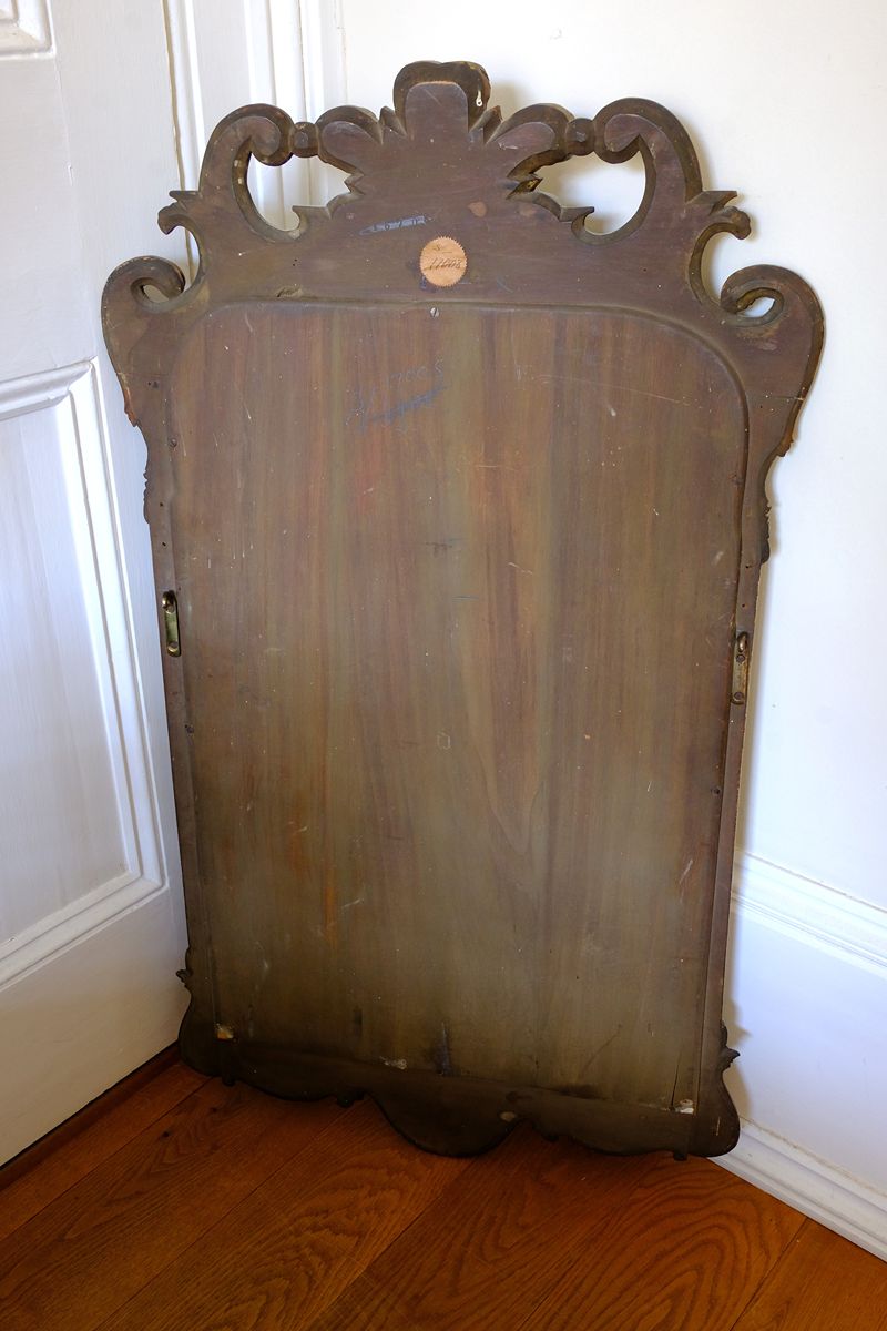 Back of an Edwardian Queen Anne Revival carved giltwood wall mirror with Prince of Wales feather crest, c.1900