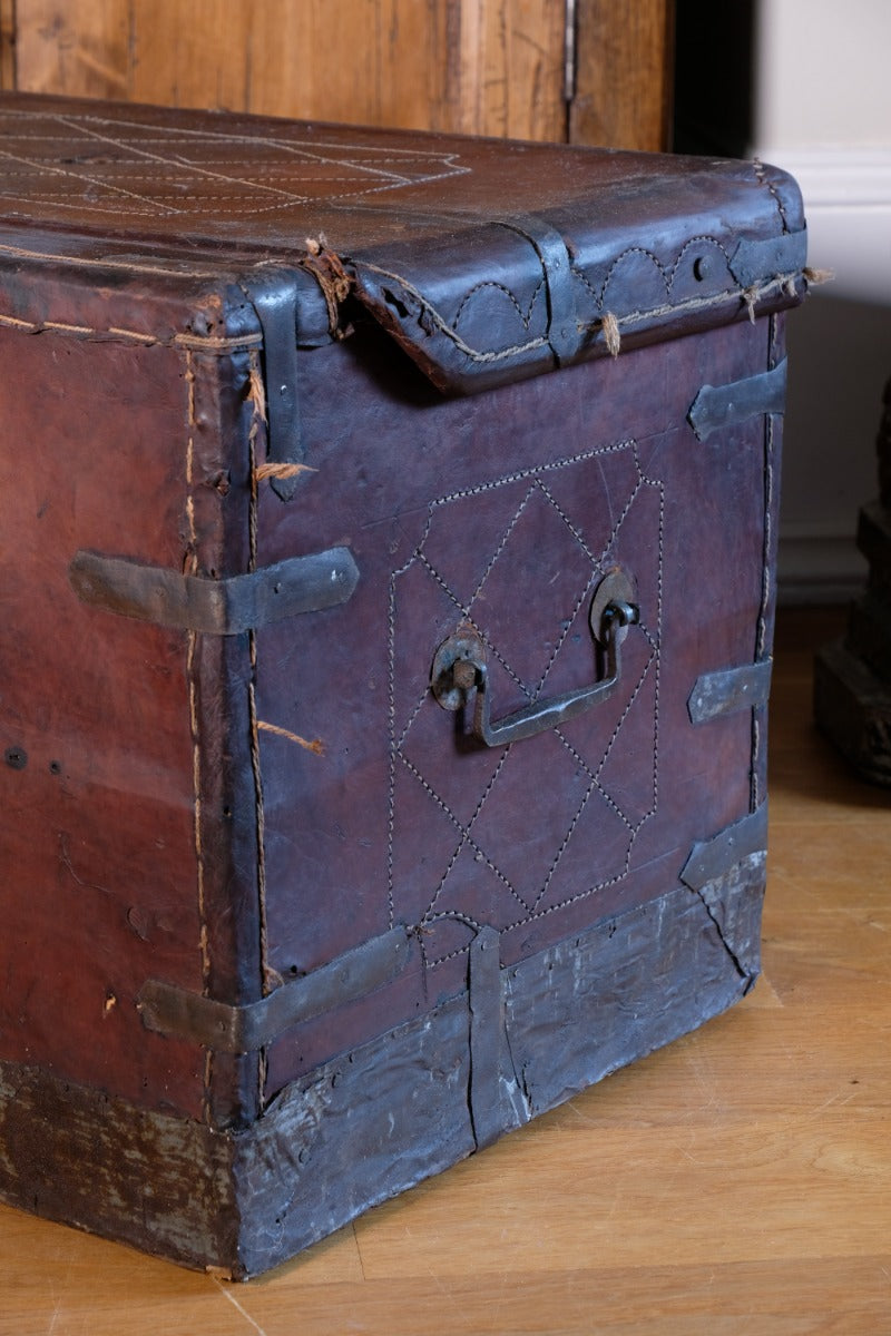 18th Century Leather & Iron Coaching Trunk