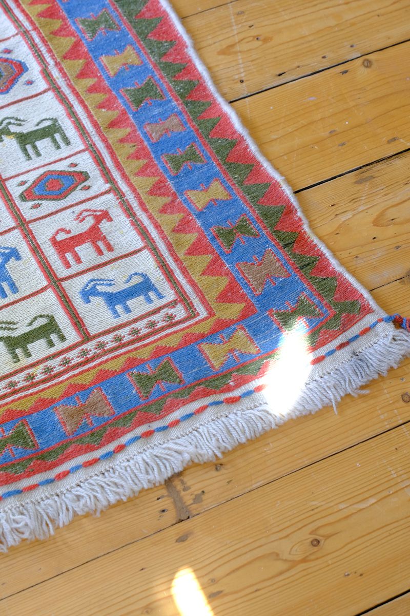 Persian Sumak flatweave rug showing wrapped-weft construction and stylised tribal motifs