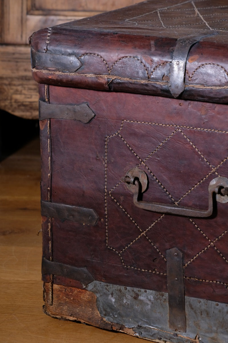 18th Century Leather & Iron Coaching Trunk