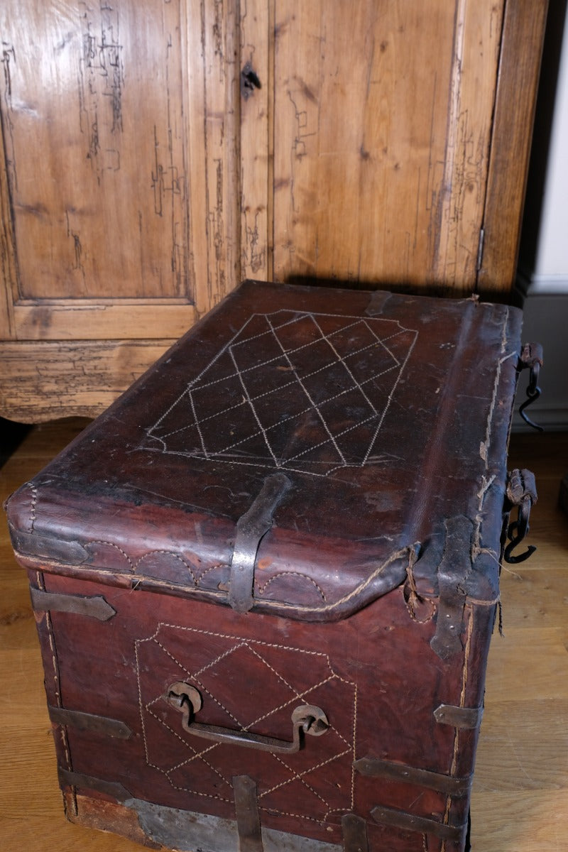 18th Century Leather & Iron Coaching Trunk