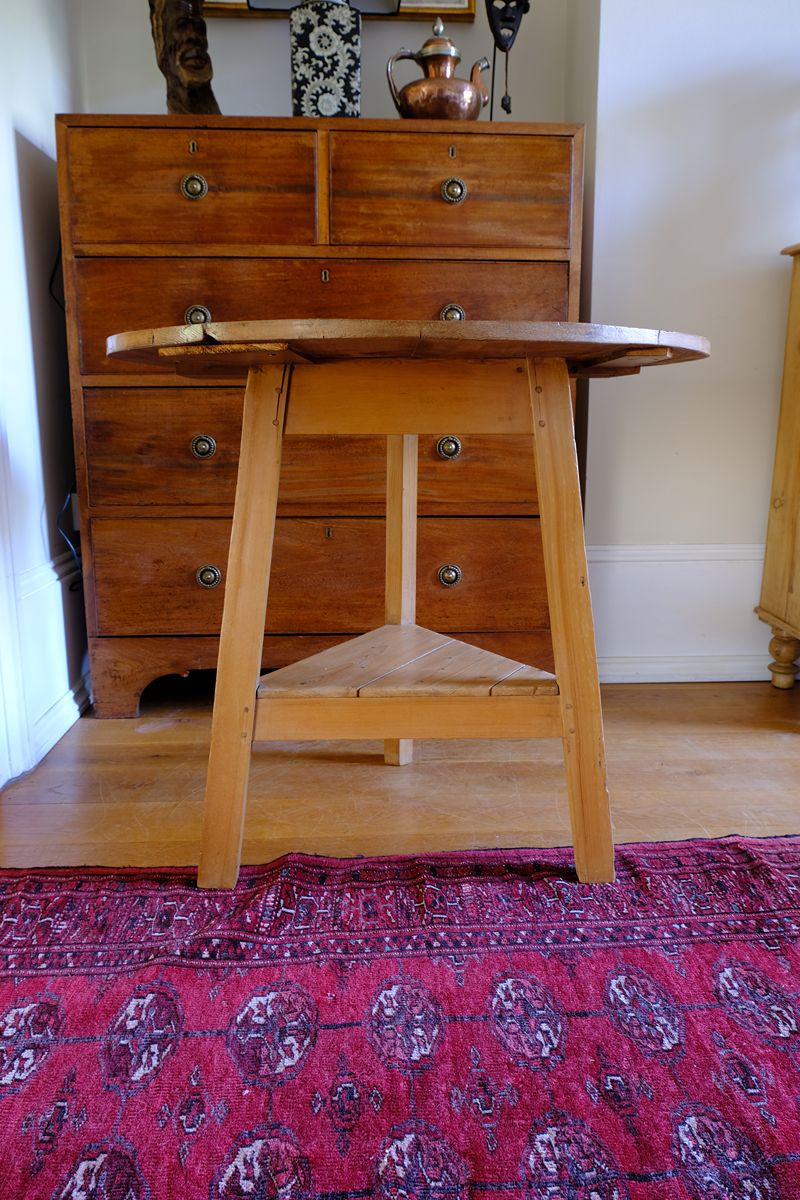 19th Century Pine Cricket Supper Table for Two with Triangular Under-Tier Shelf
