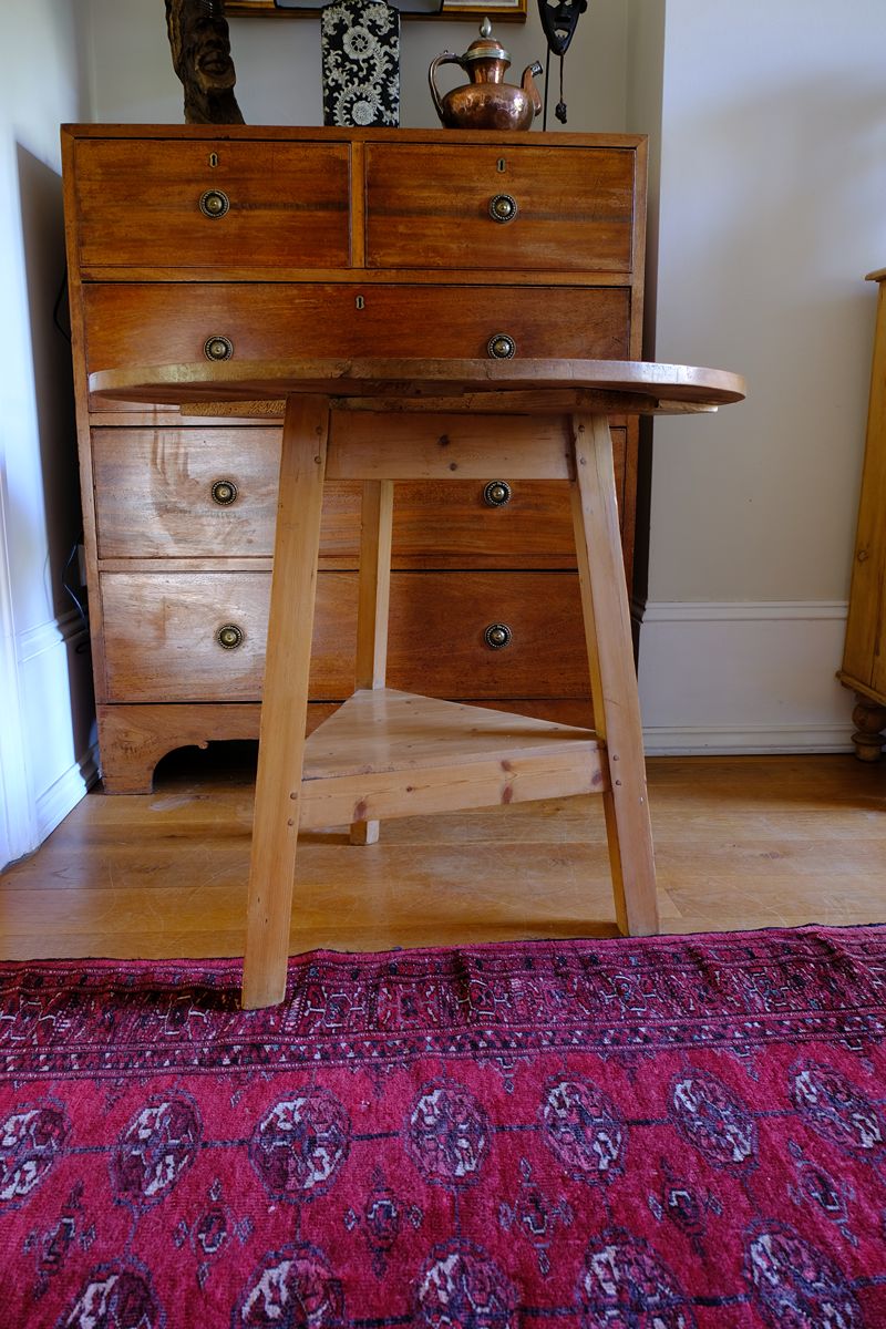 19th Century Pine Cricket Supper Table for Two with Triangular Under-Tier Shelf