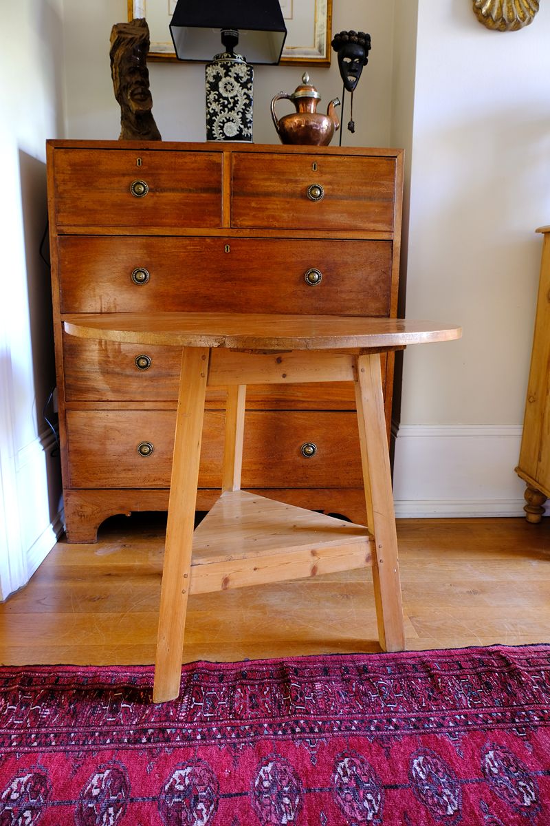 19th Century Pine Cricket Supper Table for Two with Triangular Under-Tier Shelf