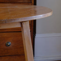 close up on a 19th Century Pine Cricket Supper Table for Two with Triangular Under-Tier Shelf