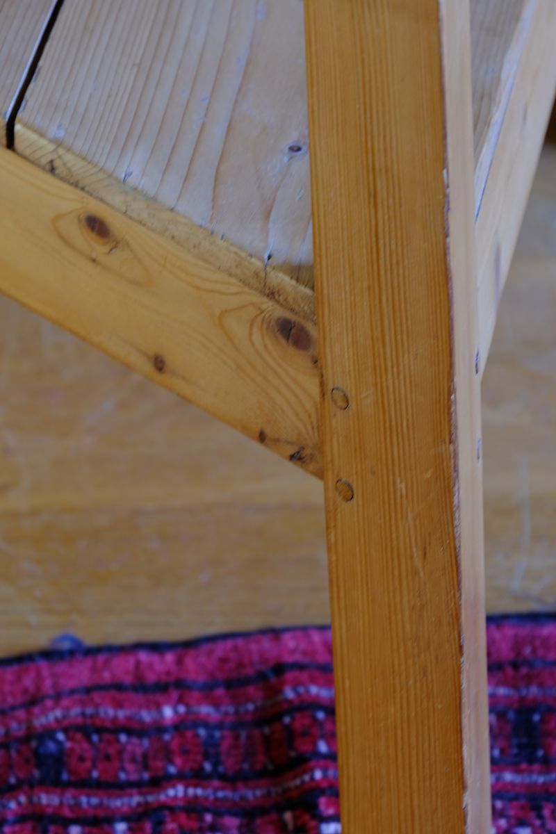pegged joint on a 19th Century Pine Cricket Supper Table for Two with Triangular Under-Tier Shelf