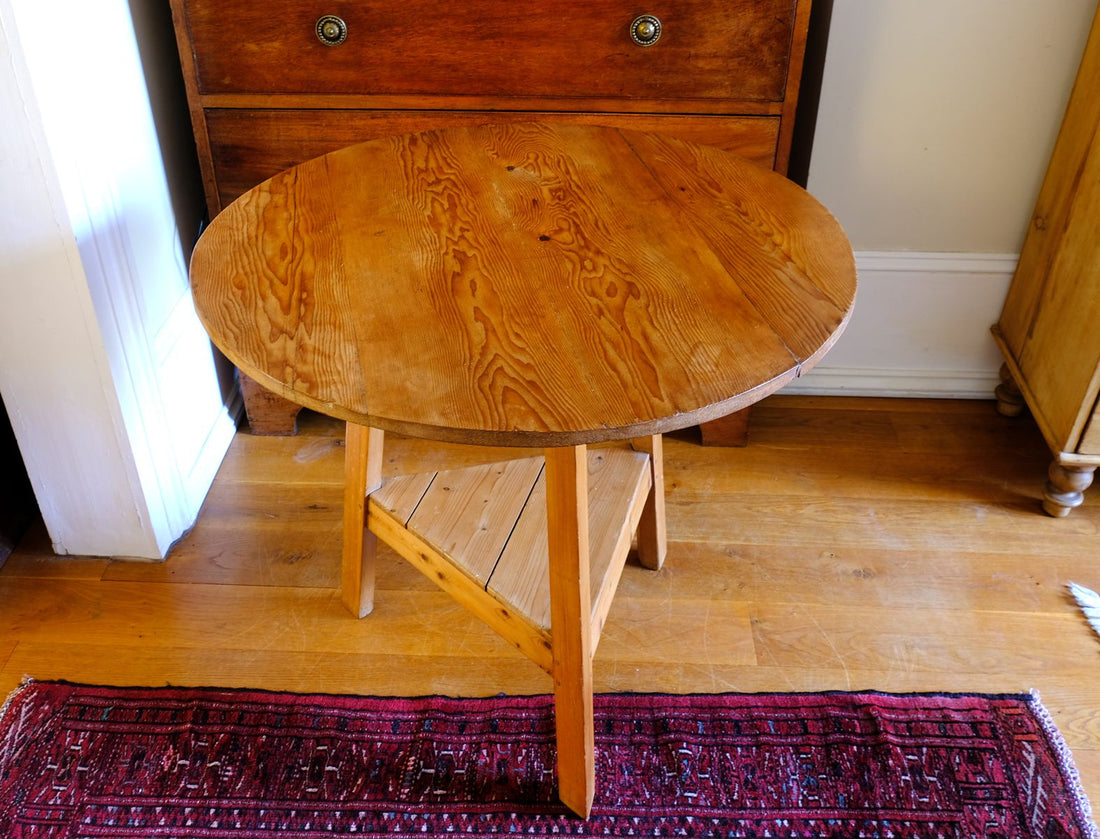 top of the 19th Century Pine Cricket Supper Table for Two with Triangular Under-Tier Shelf