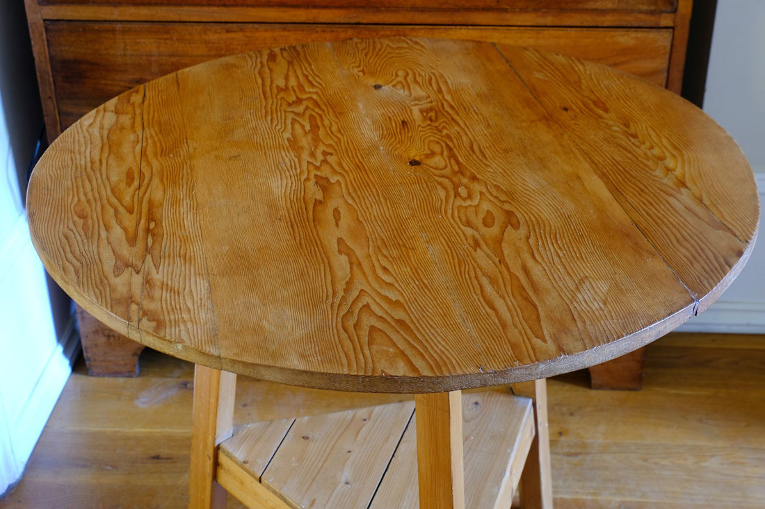 close up of a 19th Century Pine Cricket Supper Table for Two with Triangular Under-Tier Shelf