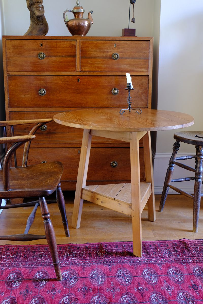 19th Century Pine Cricket Supper Table for Two with Triangular Under-Tier Shelf