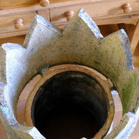 Inside the Late Victorian English buff terracotta crown chimney pot c.1880 with vented body and moulded architectural decoration