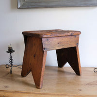 19th Century Vernacular Pine Stool with V-Cut Sides and Worn Grab Handle Seat