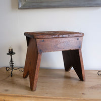 19th Century Vernacular Pine Stool with V-Cut Sides and Worn Grab Handle Seat