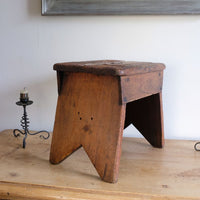 19th Century Vernacular Pine Stool with V-Cut Sides and Worn Grab Handle Seat