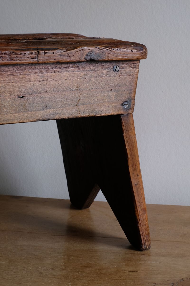 19th Century Vernacular Pine Stool with V-Cut Sides and Worn Grab Handle Seat