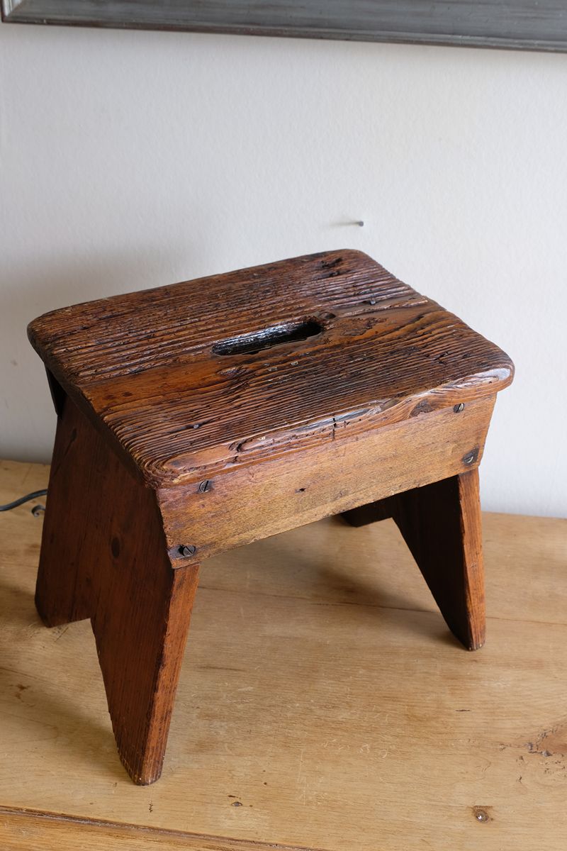 19th Century Vernacular Pine Stool with V-Cut Sides and Worn Grab Handle Seat