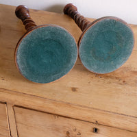 Pair of tall antique oak open barley twist candlesticks with original brass sconces and weighted circular bases