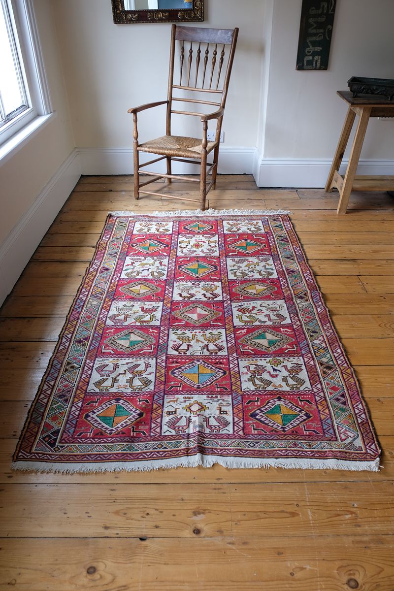 Vintage Handwoven Persian Silk Soumak Animal Rug, 118 x 190 cm